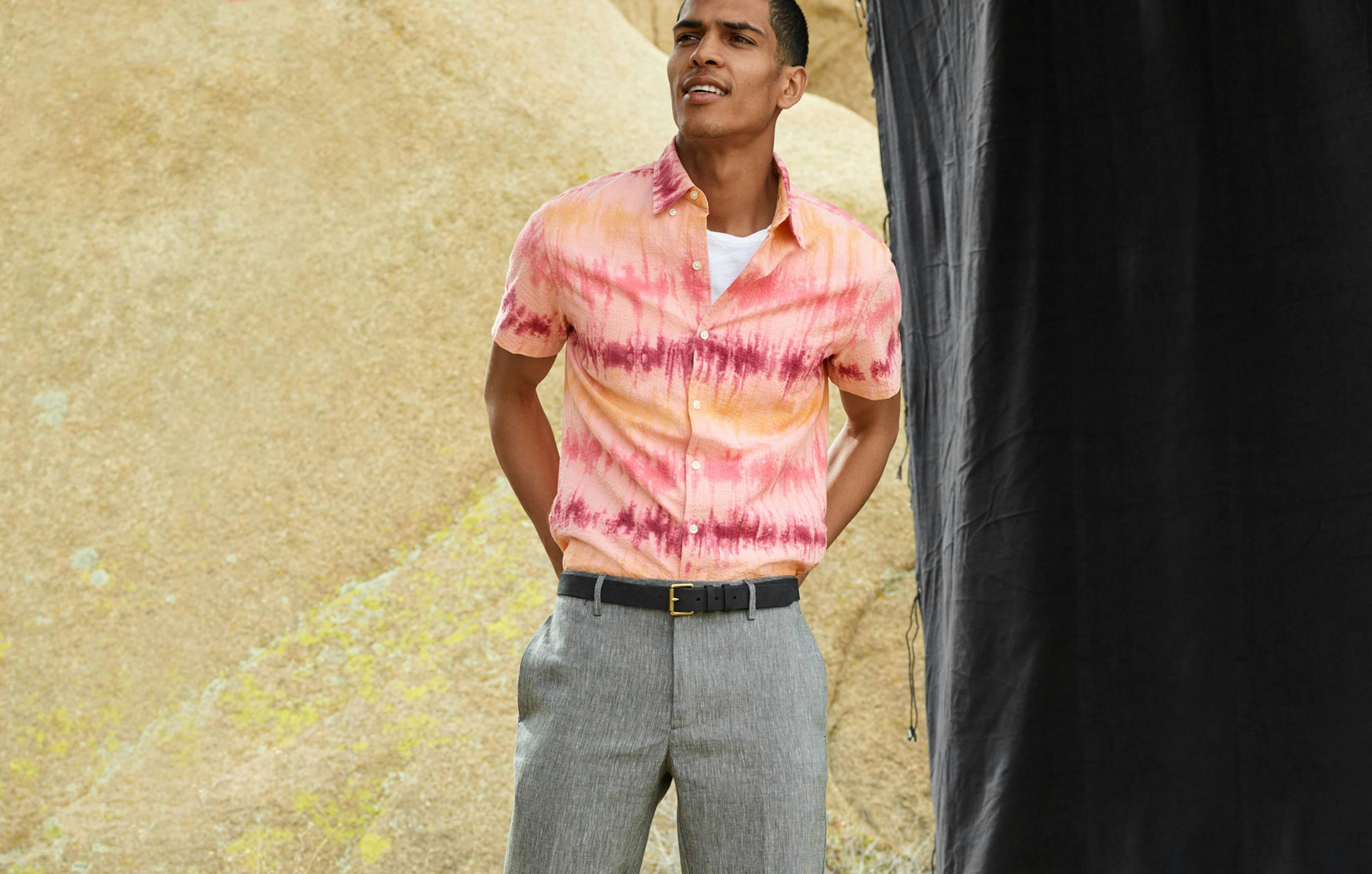 Tie-dye and seersucker are an unlikely duo, but two great summer things can make one great summer outfit. This seersucker shirt’s stripes were made by pouring dye over tied-off sections. Add linen pants to make the best summer trio.